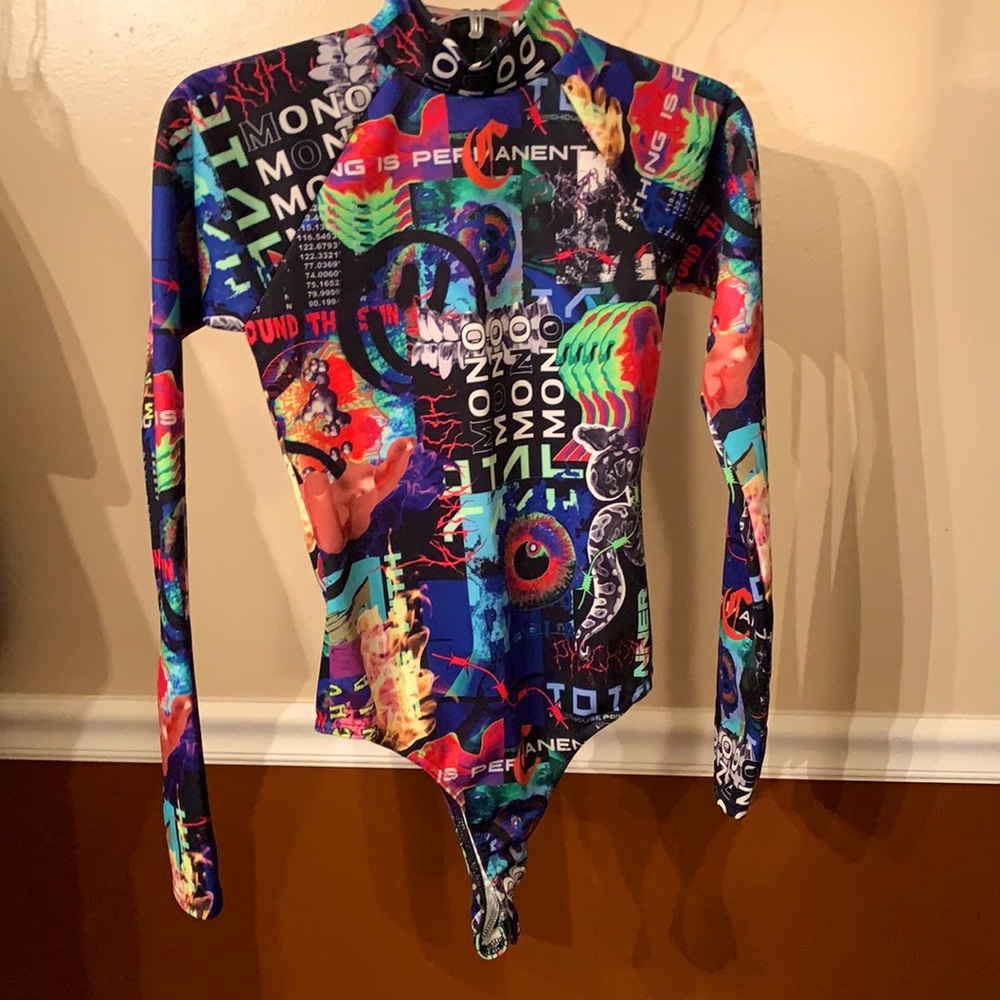 This is a multicolored psychedelic graphic bodysuit. Great polyester material.